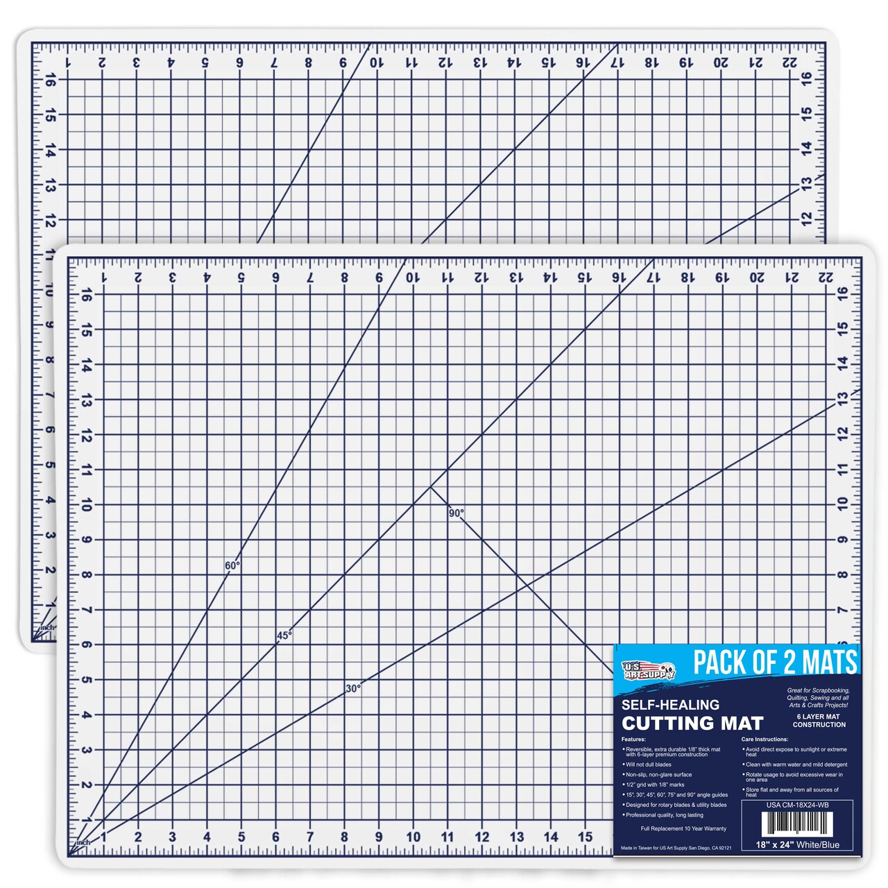 18" x 24" Self-Healing Cutting Mat 5-Ply (2 Pack) - Double-Sided White/Blue Craft Mat, Non-Slip Cutting Mats for Crafts, Sewing, Quilting, Scrapbooking